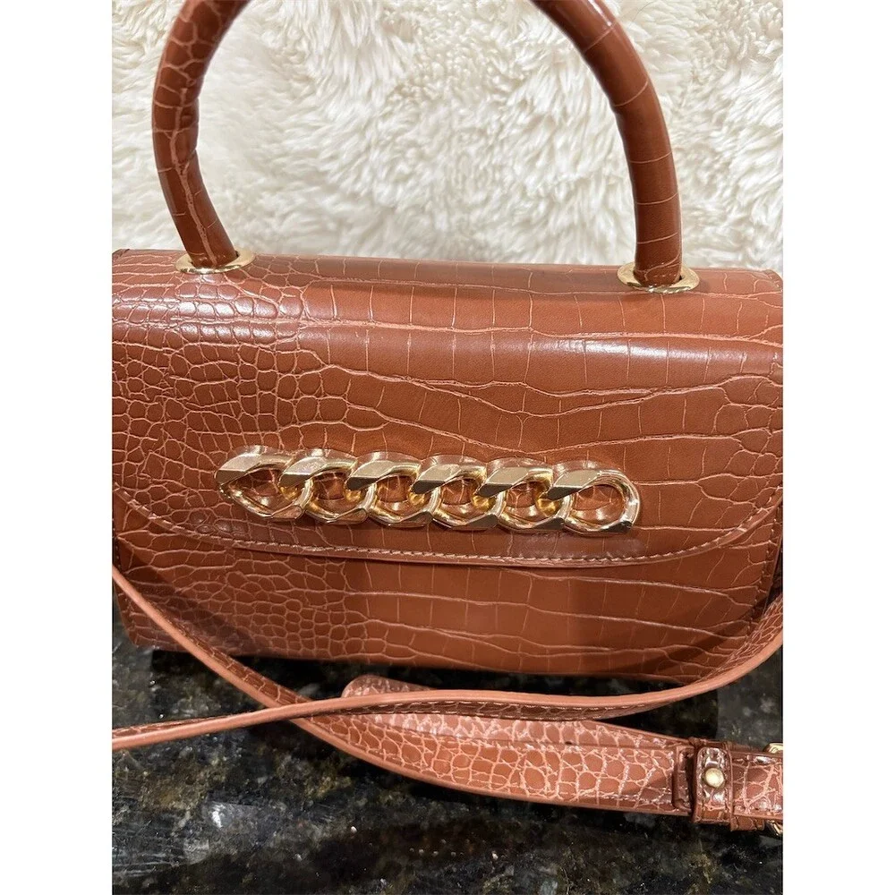 Like Dreams Satchel Handbag Womens Tan Croc Embossed Gold Chain Detail